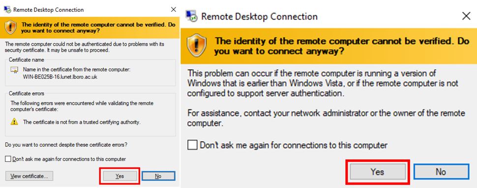 Remote Desktop Connection details box with prompt for Yes